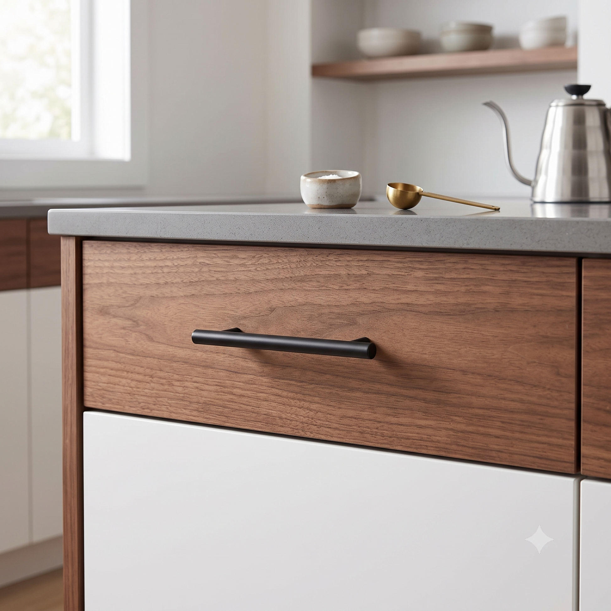 Wooden drawer with matte black cabinet pull in a kitchen setting