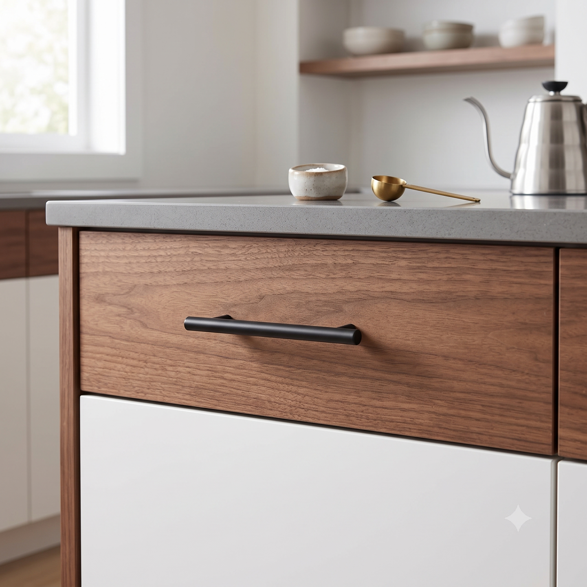 Wooden drawer with matte black cabinet pull in a kitchen setting