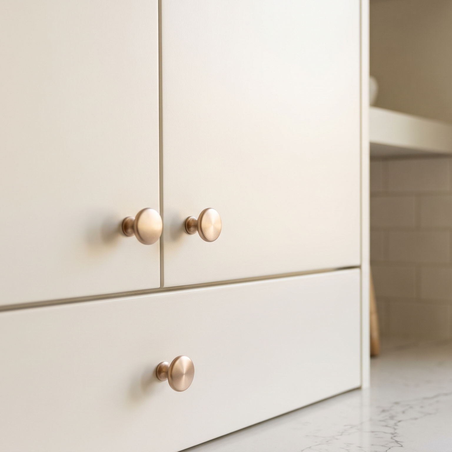 White cabinets with champagne bronze knobs in a bathroom setting