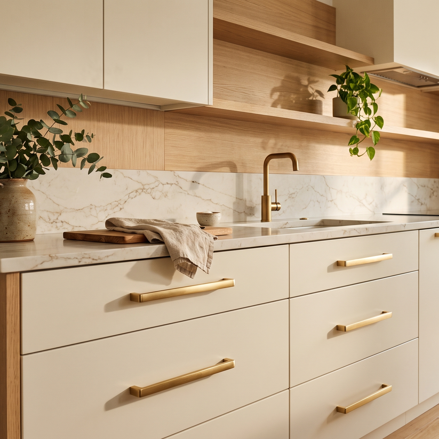 Modern kitchen with white cabinets, marble countertop, and brushed gold cabinet pulls.