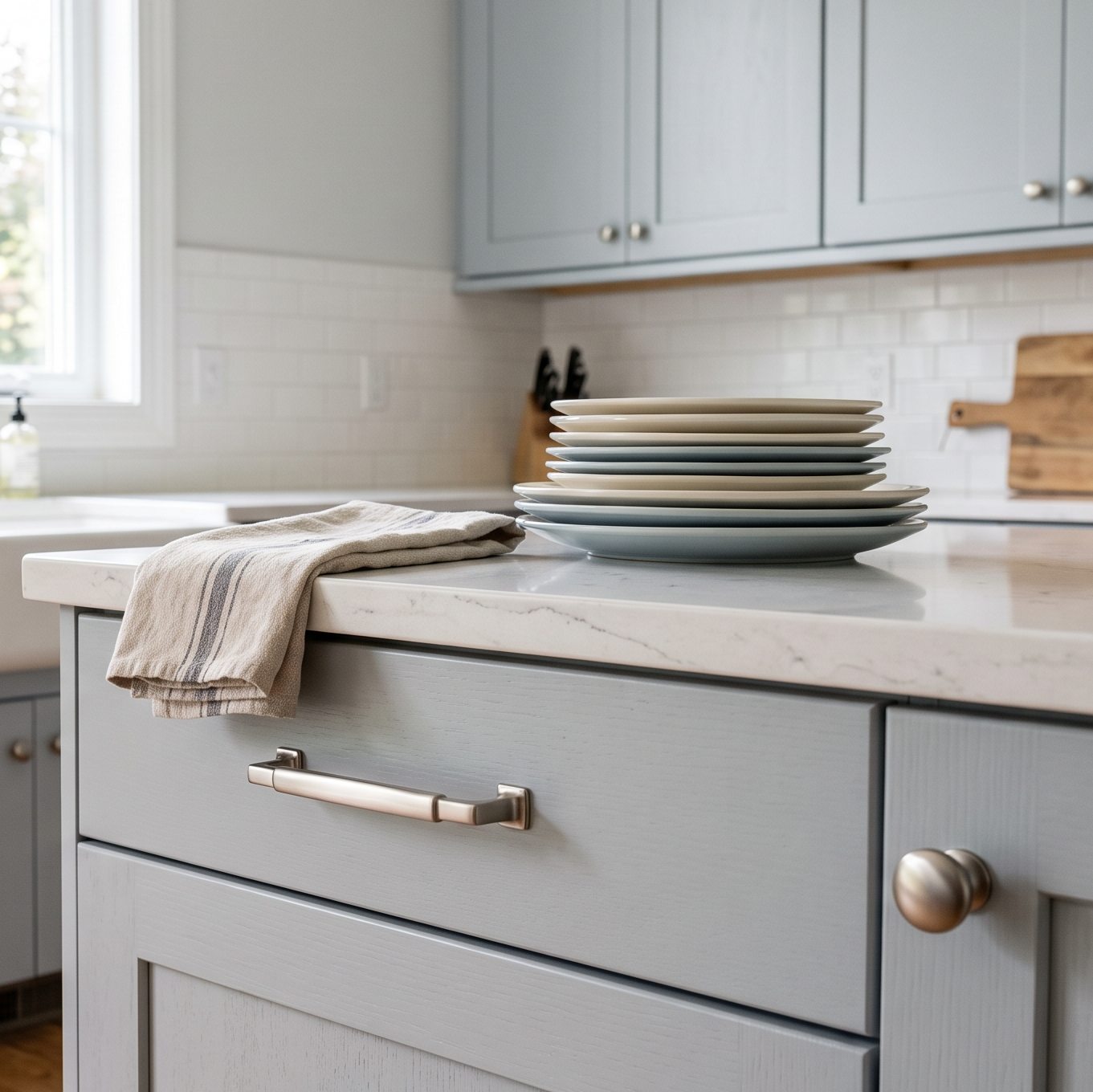 Modern kitchen with gray cabinets, white countertops, and brushed nickel cabinet hardware.